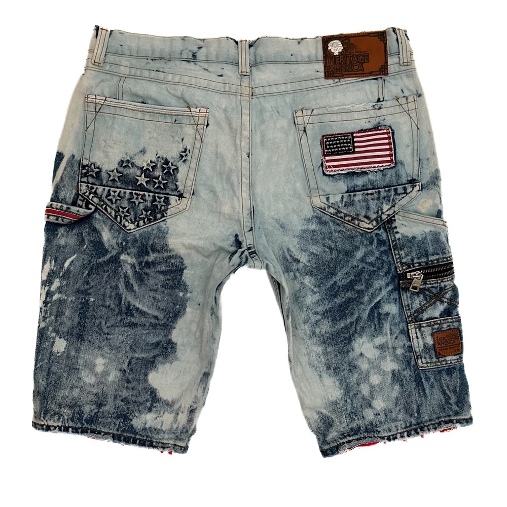 Heritage By America Men’s Patriotic Rip & Repair, Embossed Denim Shorts